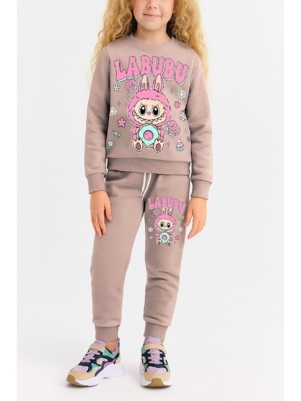 Kahverengi Kız Çocuk 3 İplik Şardonlu Karakter Baskılı Alt-Üst Takım-3 -10 Yaş 12411