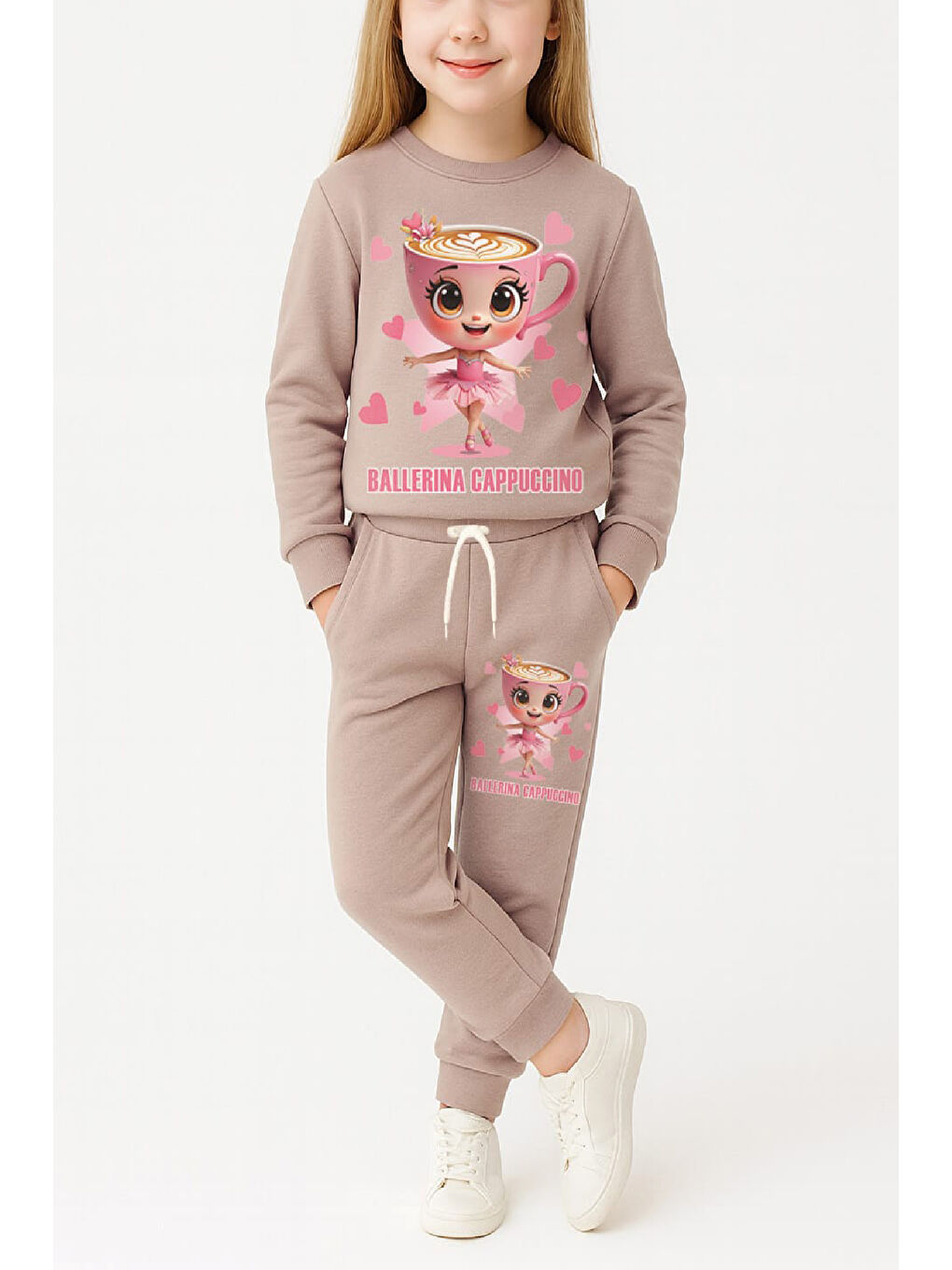 Kahverengi Kız Çocuk 3 İplik Şardonlu Görsel Baskılı Alt-Üst Takım-3 -10 Yaş 12410