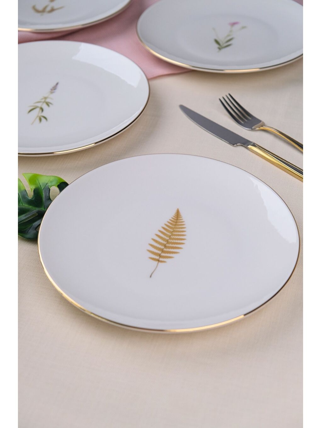 Beyaz Porselen Natura Karma Altın Yaldız Pasta Tabağı 20,50cm 6 lı-5