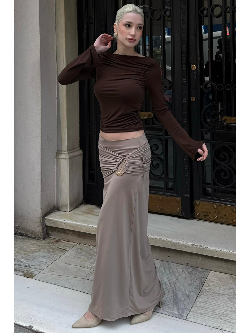 Bej Toka Detaylı Büzgülü Uzun Kadın Etek Mg2700-1