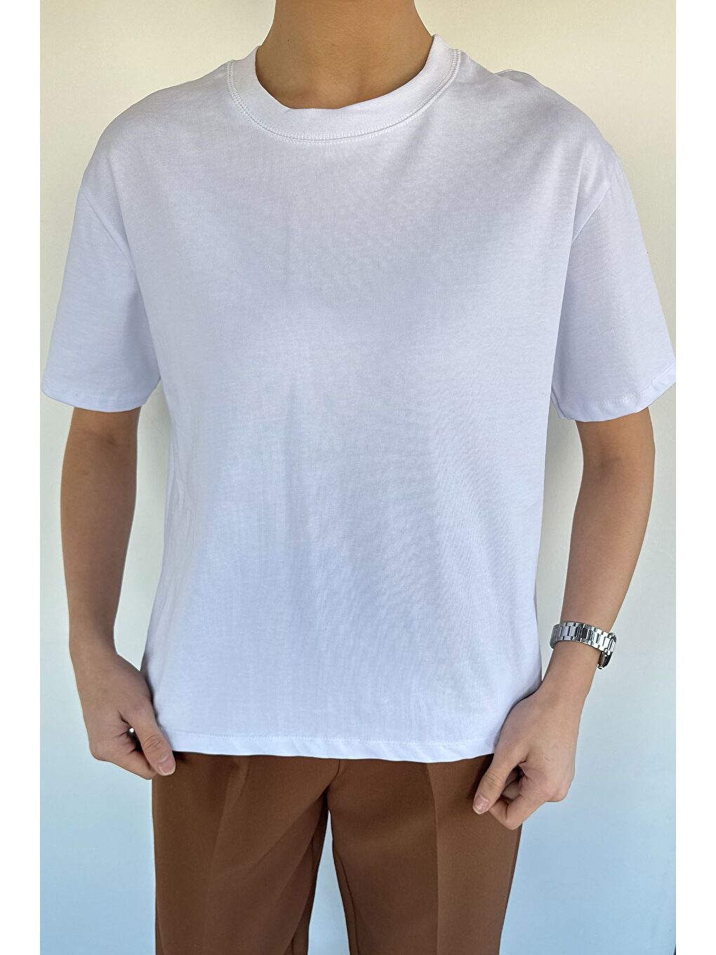 Beyaz Kadın Bisiklet Yaka Basic Tişört-2