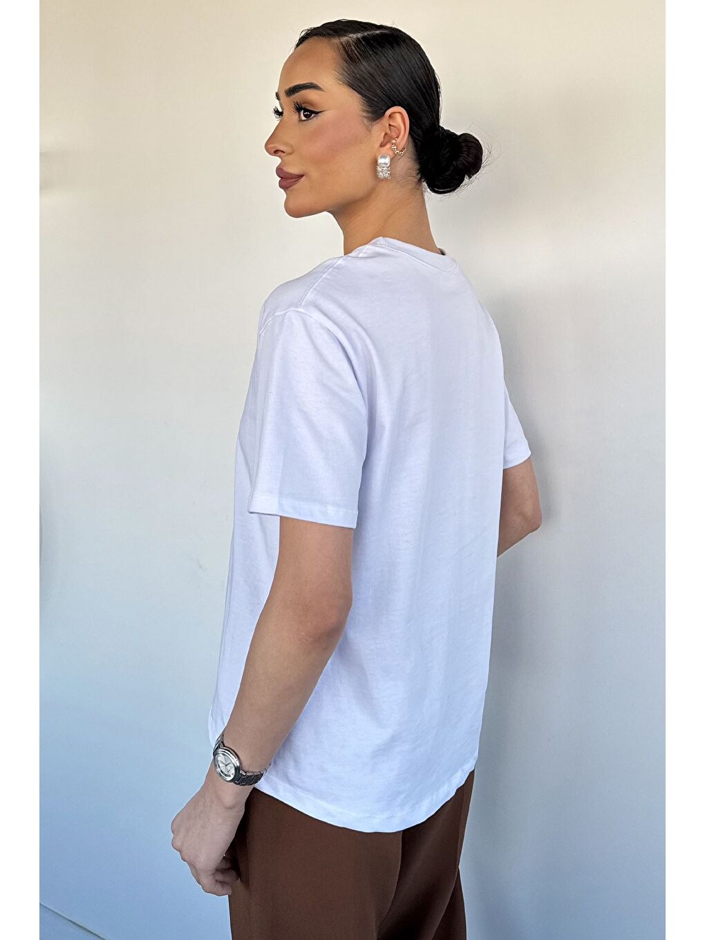 Beyaz Kadın Bisiklet Yaka Basic Tişört-3