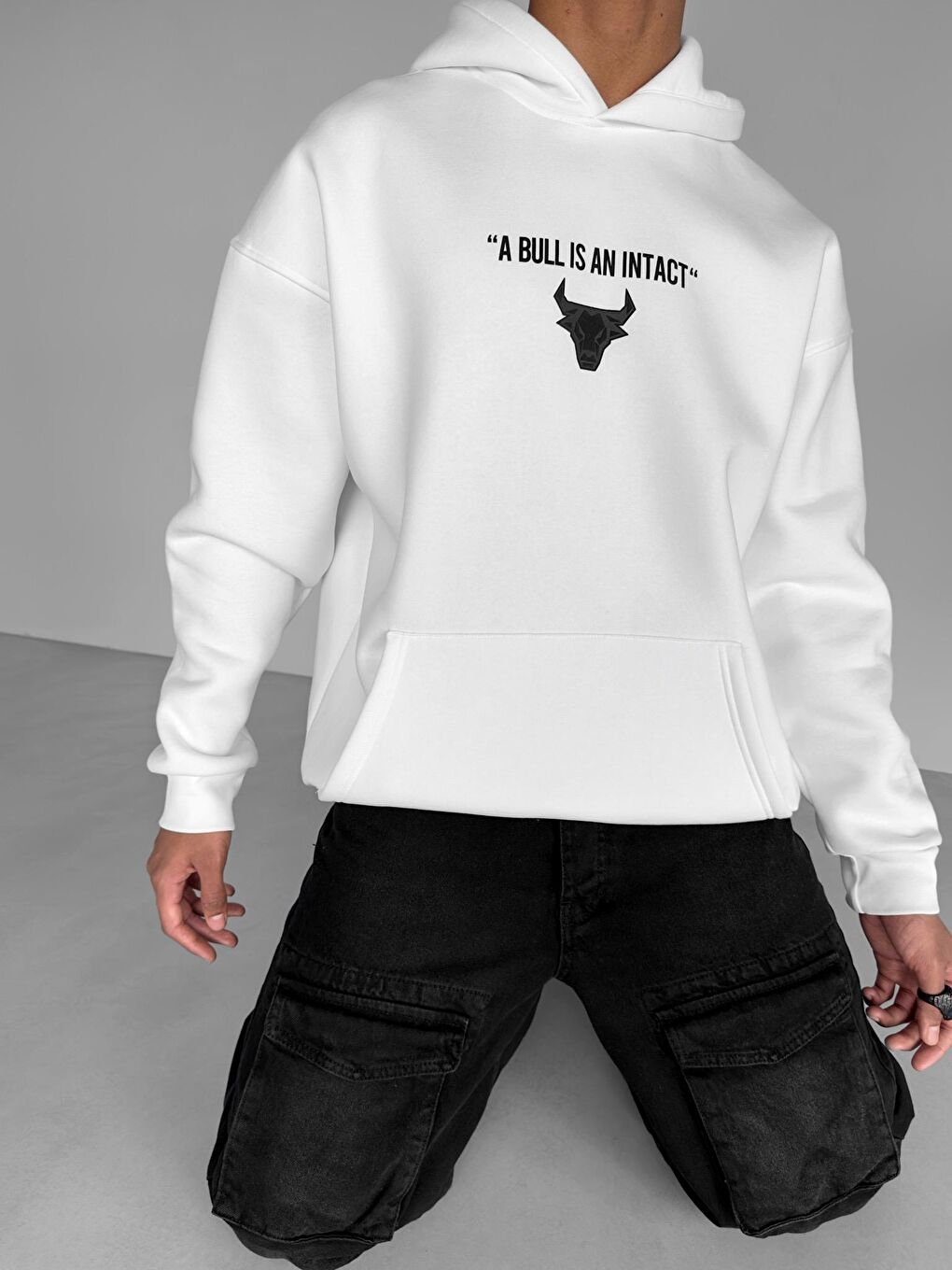 ablukaonline Beyaz Erkek Oversize Bull Baskılı Hoodie Beyaz