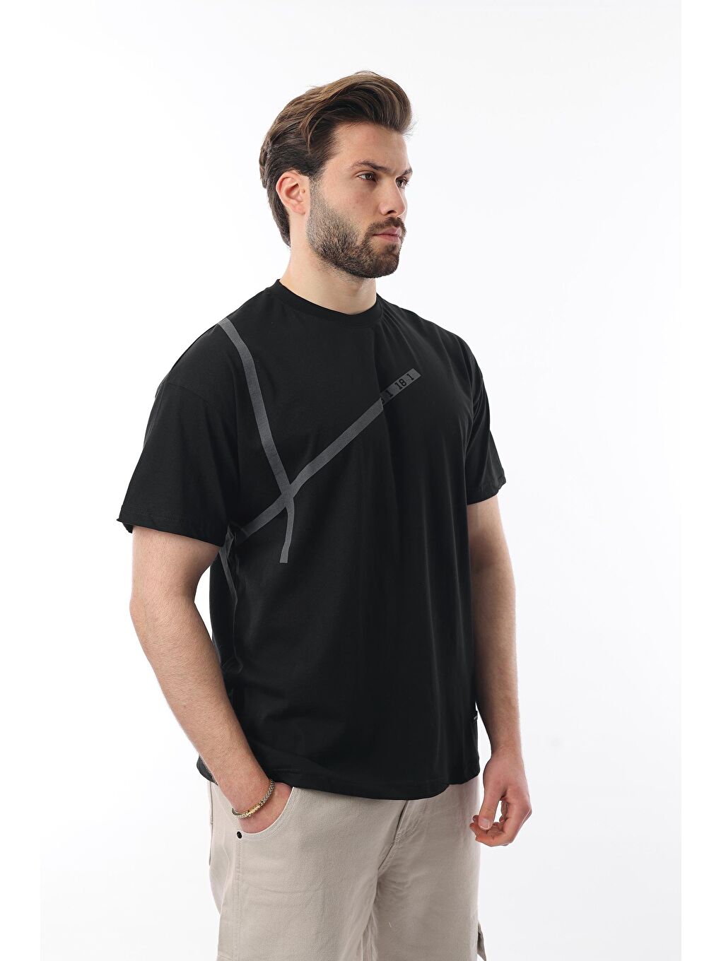 Siyah Bisiklet Yaka Şerit Detaylı Pamuklu Erkek %100 Pamuk Tişört E7033-1