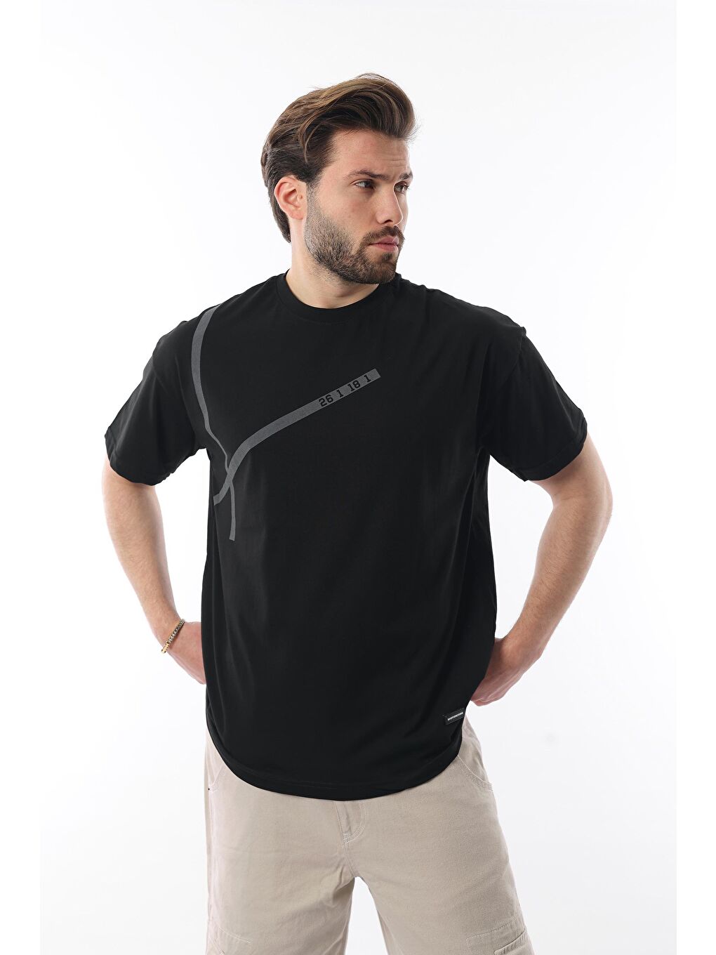 Siyah Bisiklet Yaka Şerit Detaylı Pamuklu Erkek %100 Pamuk Tişört E7033-2