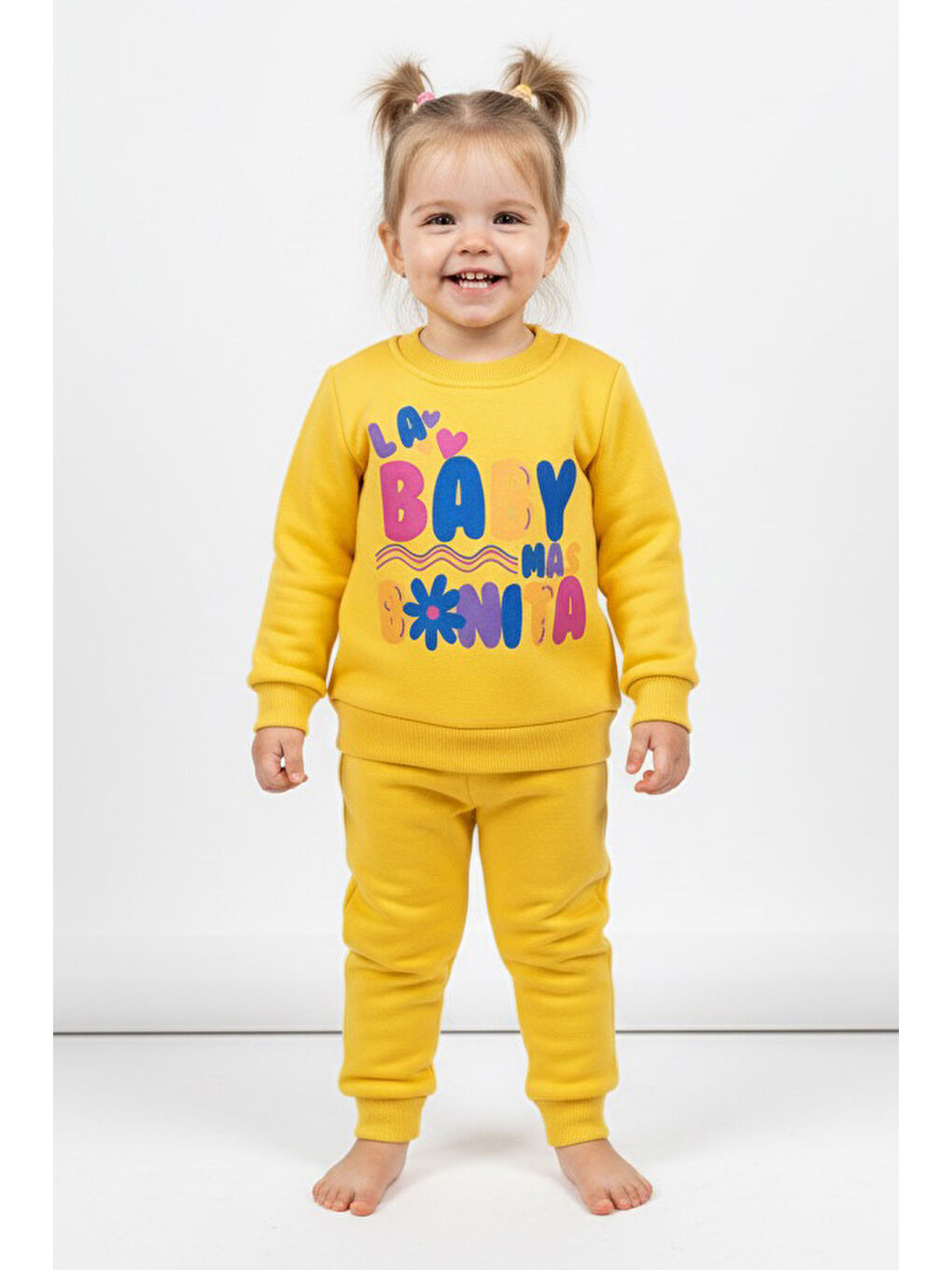 Sarı Kız Çocuk Sari Baskılı Üç İplik Şardonlu Takım - 27964-SARI