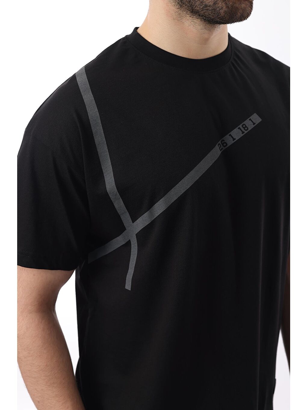 Siyah Bisiklet Yaka Şerit Detaylı Pamuklu Erkek %100 Pamuk Tişört E7033-3