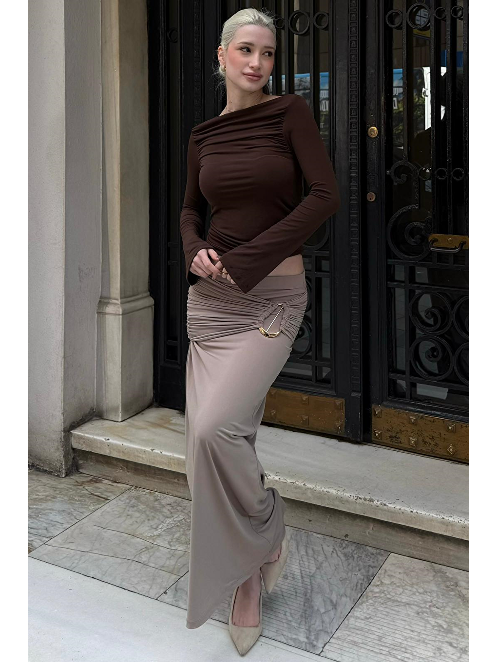 Bej Toka Detaylı Büzgülü Uzun Kadın Etek Mg2700-5