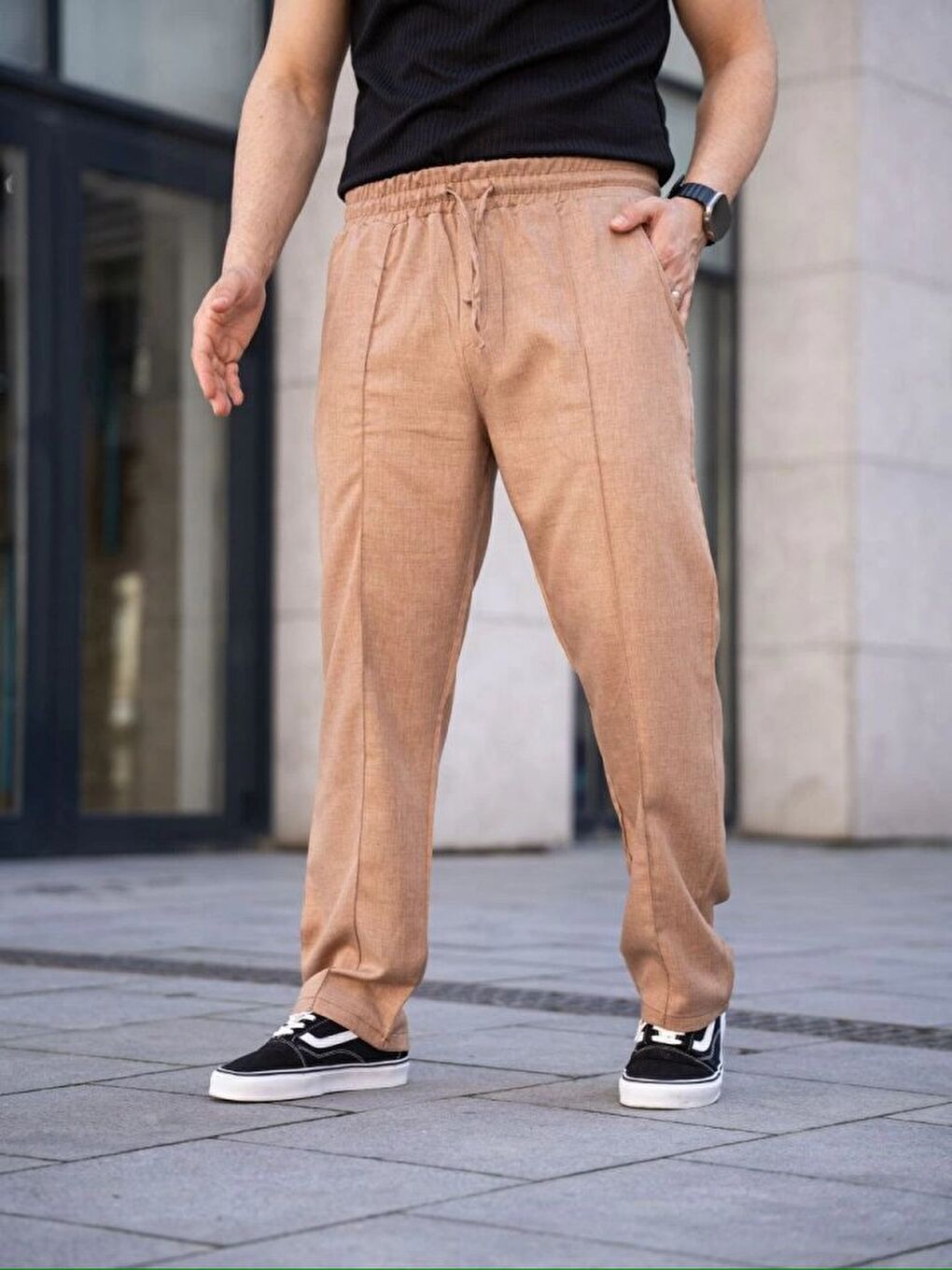 Kahverengi Erkek Keten Cepli Çıma Dikişli Jogger Buggy Pantolon-2