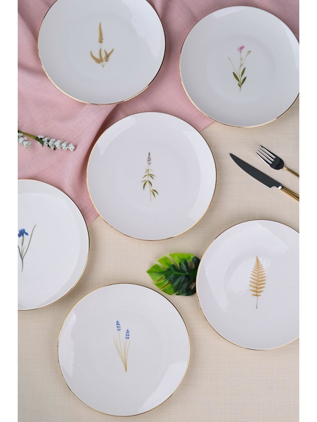 Beyaz Porselen Natura Karma Altın Yaldız Pasta Tabağı 20,50cm 6 lı-7