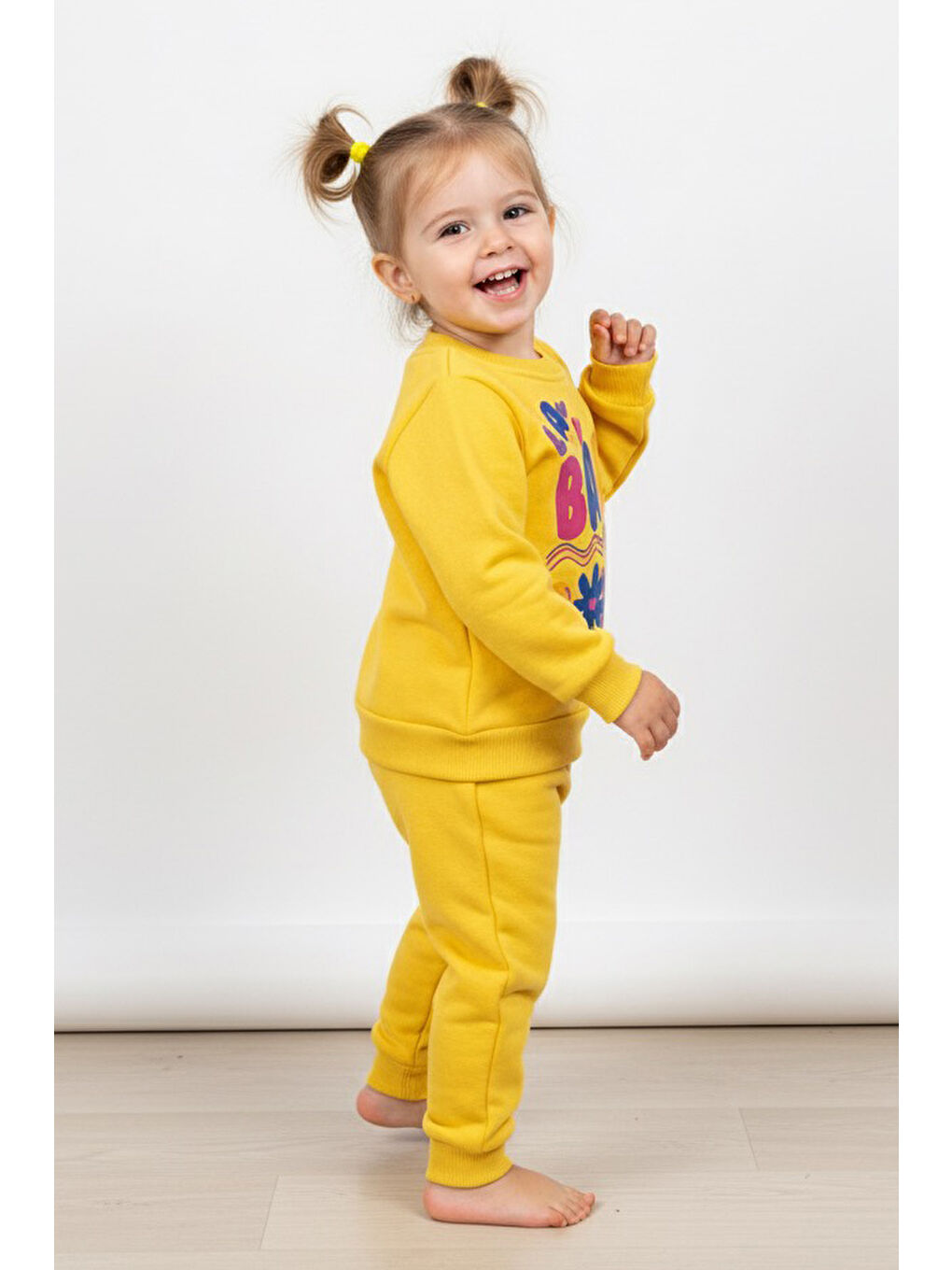 Sarı Kız Çocuk Sari Baskılı Üç İplik Şardonlu Takım - 27964-SARI-1
