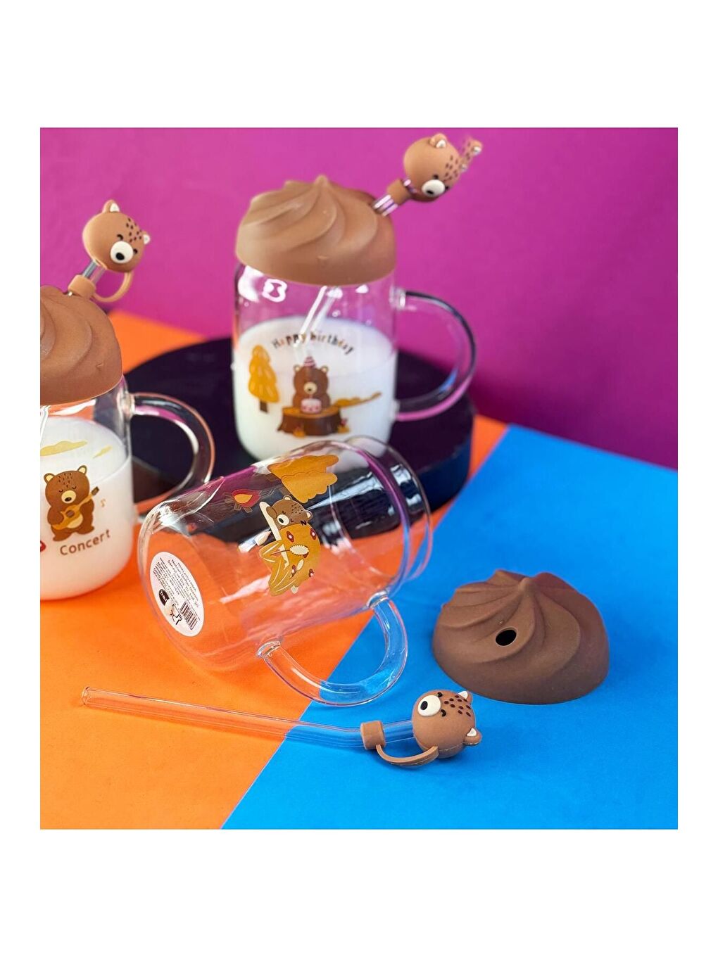 Karışık Sevimli Ayı Figürlü Silikon Kapaklı Pipetli Cam Kupa-2