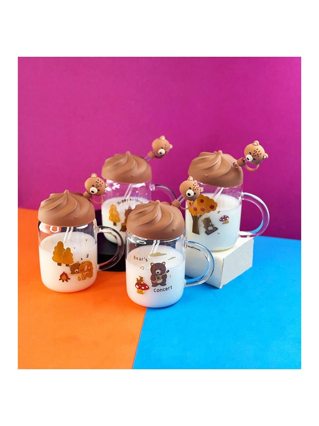 Karışık Sevimli Ayı Figürlü Silikon Kapaklı Pipetli Cam Kupa-3