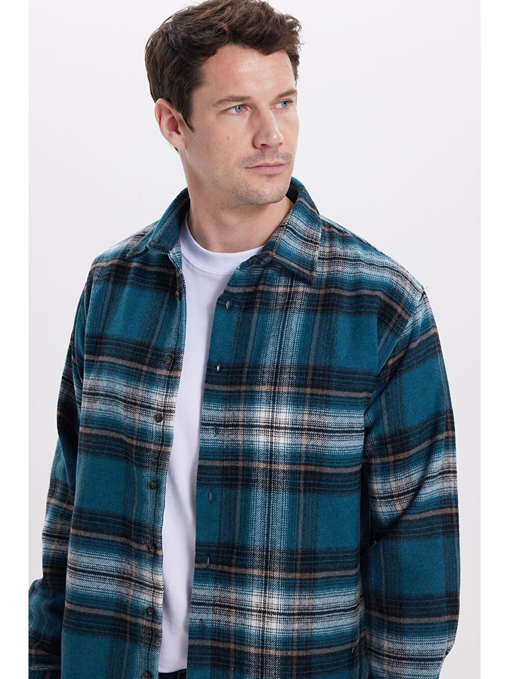 Yeşil Erkek Relax Fit Rahat Kesim Kışlık Kareli Oduncu Gömlek-1