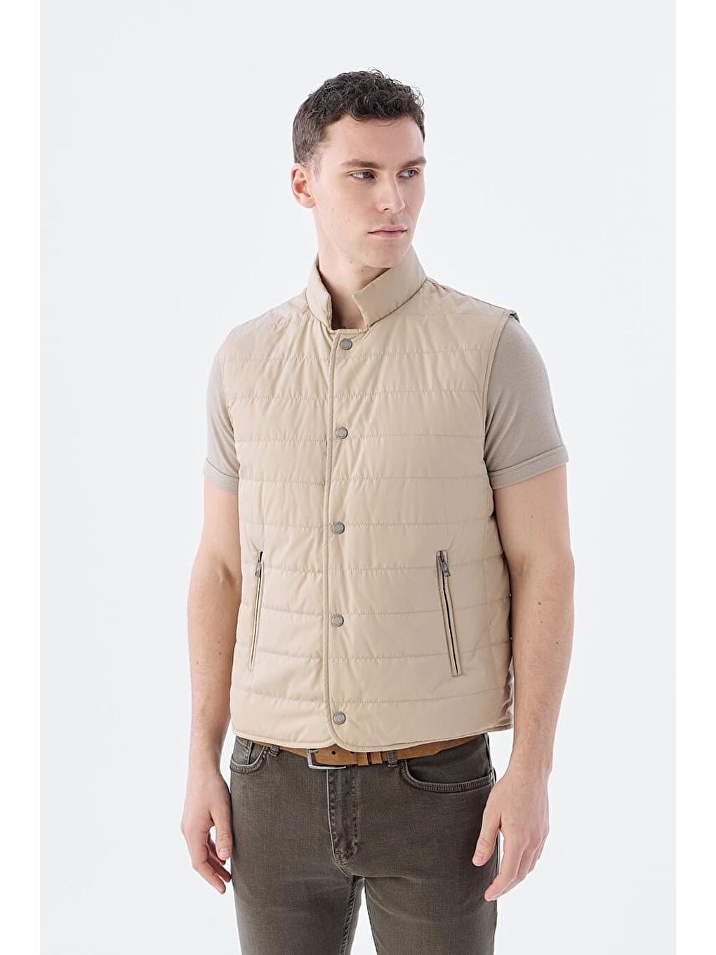 Bej Hakim Yaka Elyaflı Slim Fit Yelek