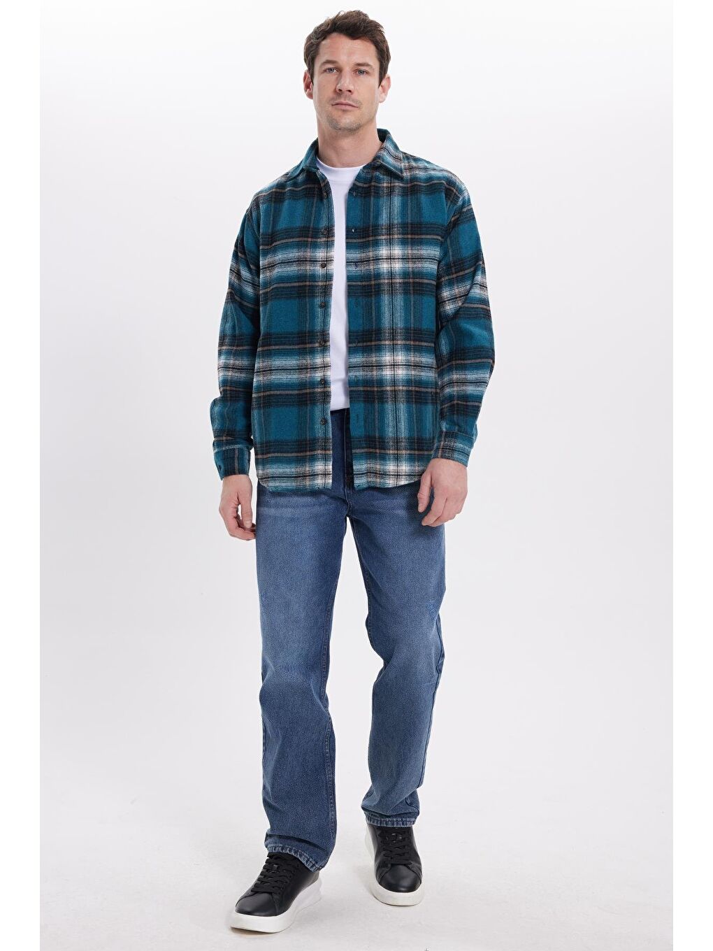 Yeşil Erkek Relax Fit Rahat Kesim Kışlık Kareli Oduncu Gömlek-2