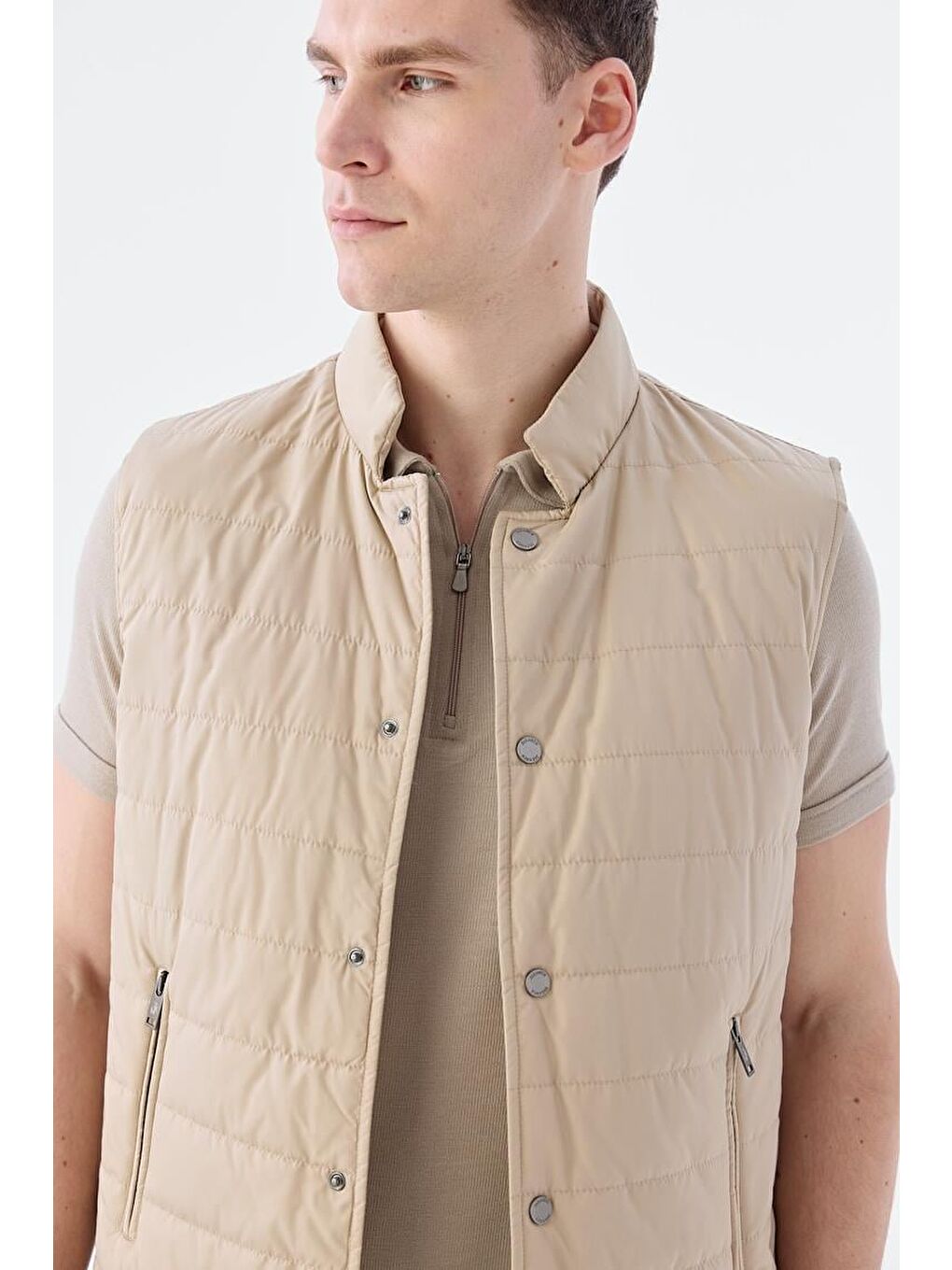 Bej Hakim Yaka Elyaflı Slim Fit Yelek-2