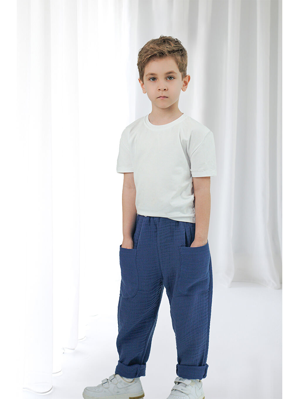 Lila 2'li Paket Boyfriend Müslin Pantolon ( İndigo ve Ekru )-1