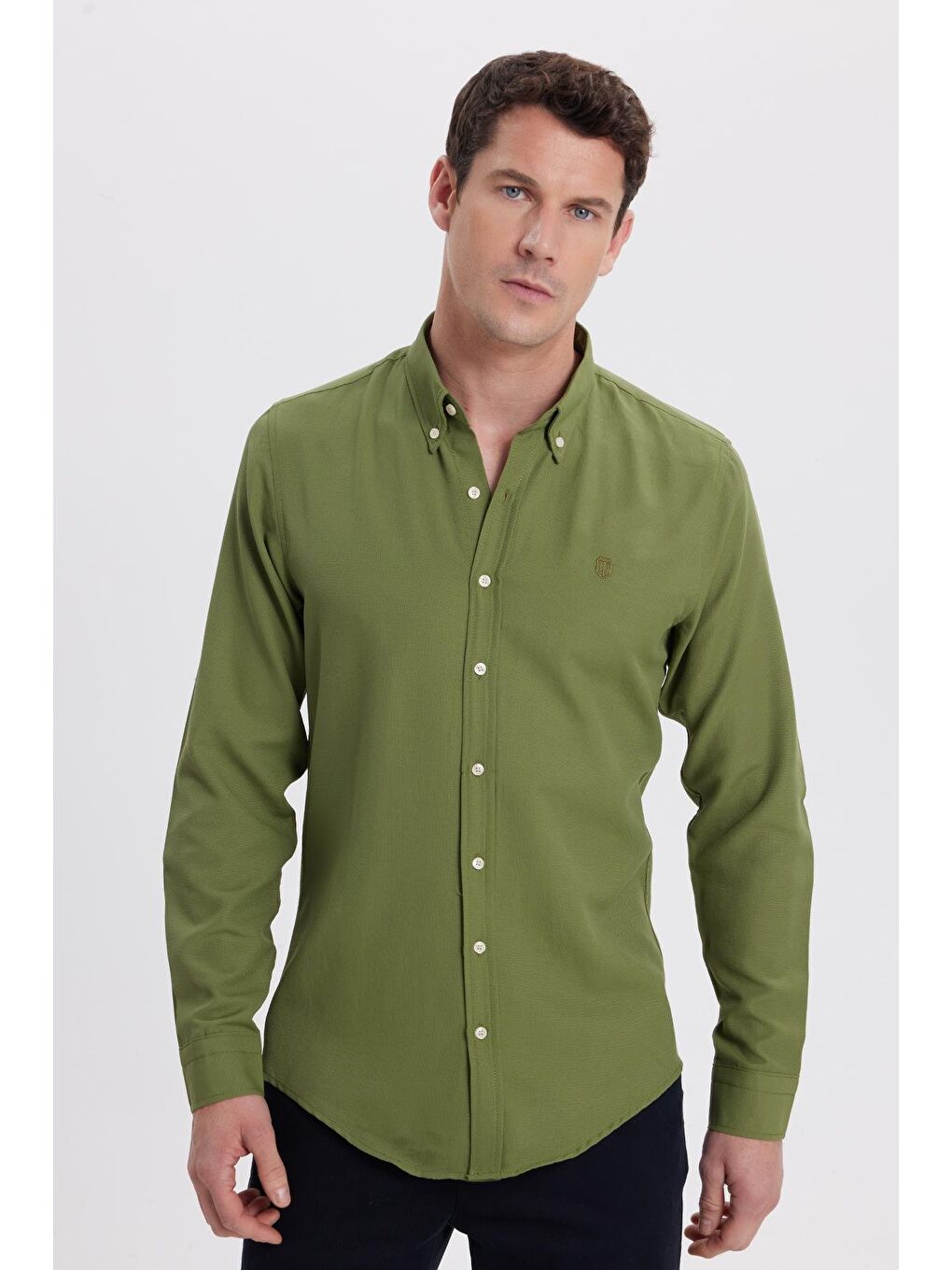 Erkek Slim Fit Dar Kesim Düz Oxford Armalı Düğmeli Yaka Yeşil Spor Gömlek