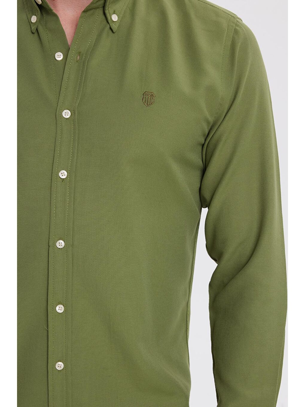Erkek Slim Fit Dar Kesim Düz Oxford Armalı Düğmeli Yaka Yeşil Spor Gömlek-2