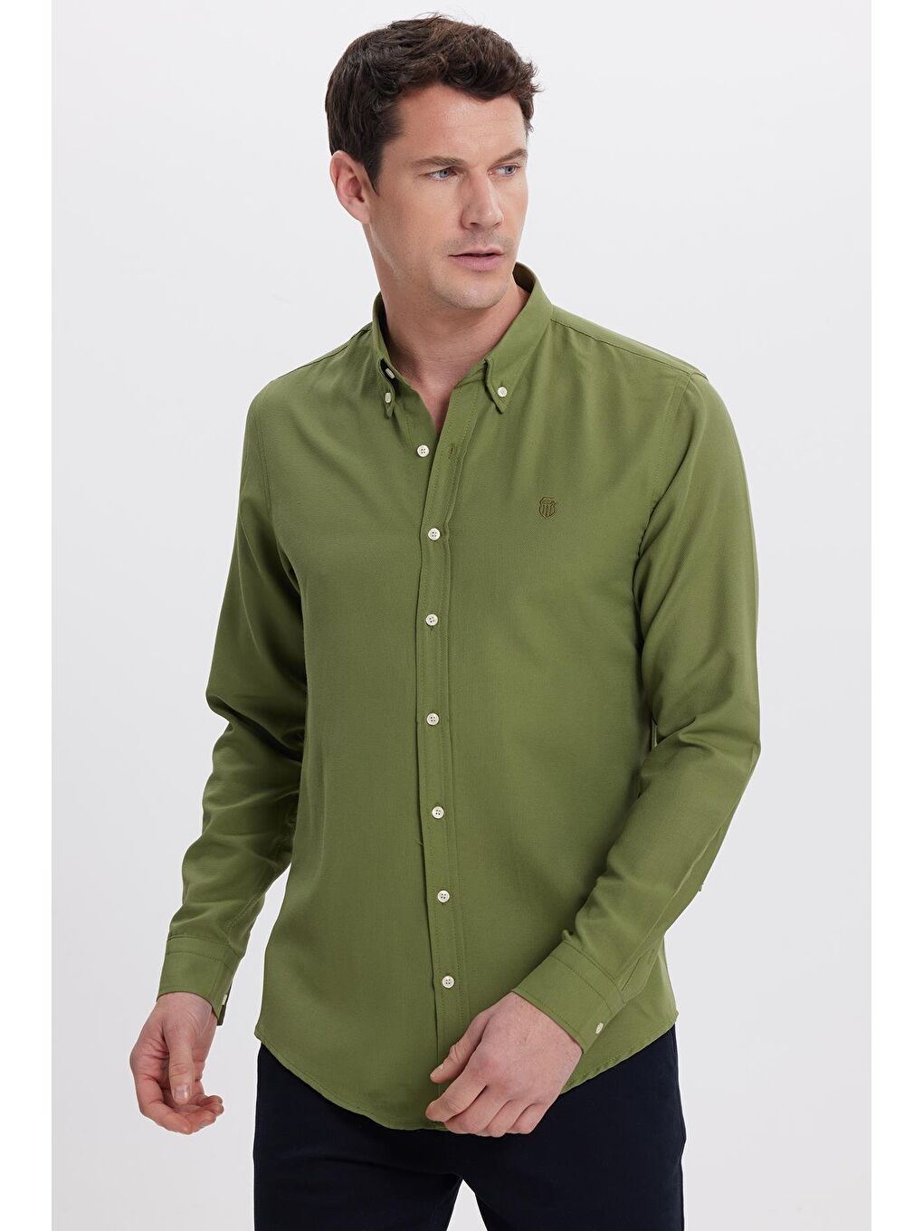 Erkek Slim Fit Dar Kesim Düz Oxford Armalı Düğmeli Yaka Yeşil Spor Gömlek-5