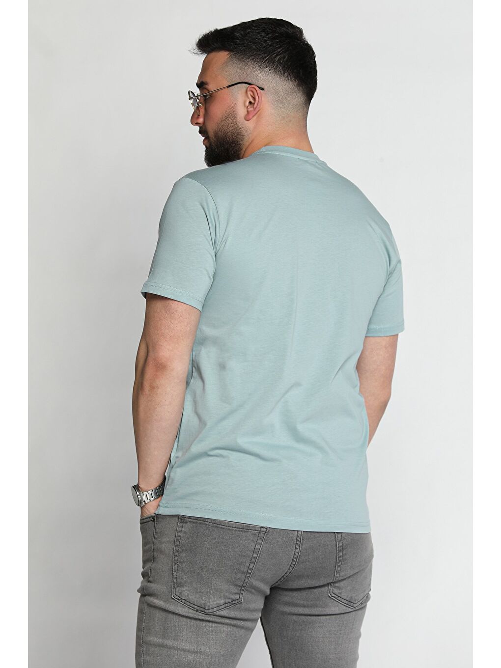 Yeşil Erkek Bisiklet Yaka Baskılı Tişört-2