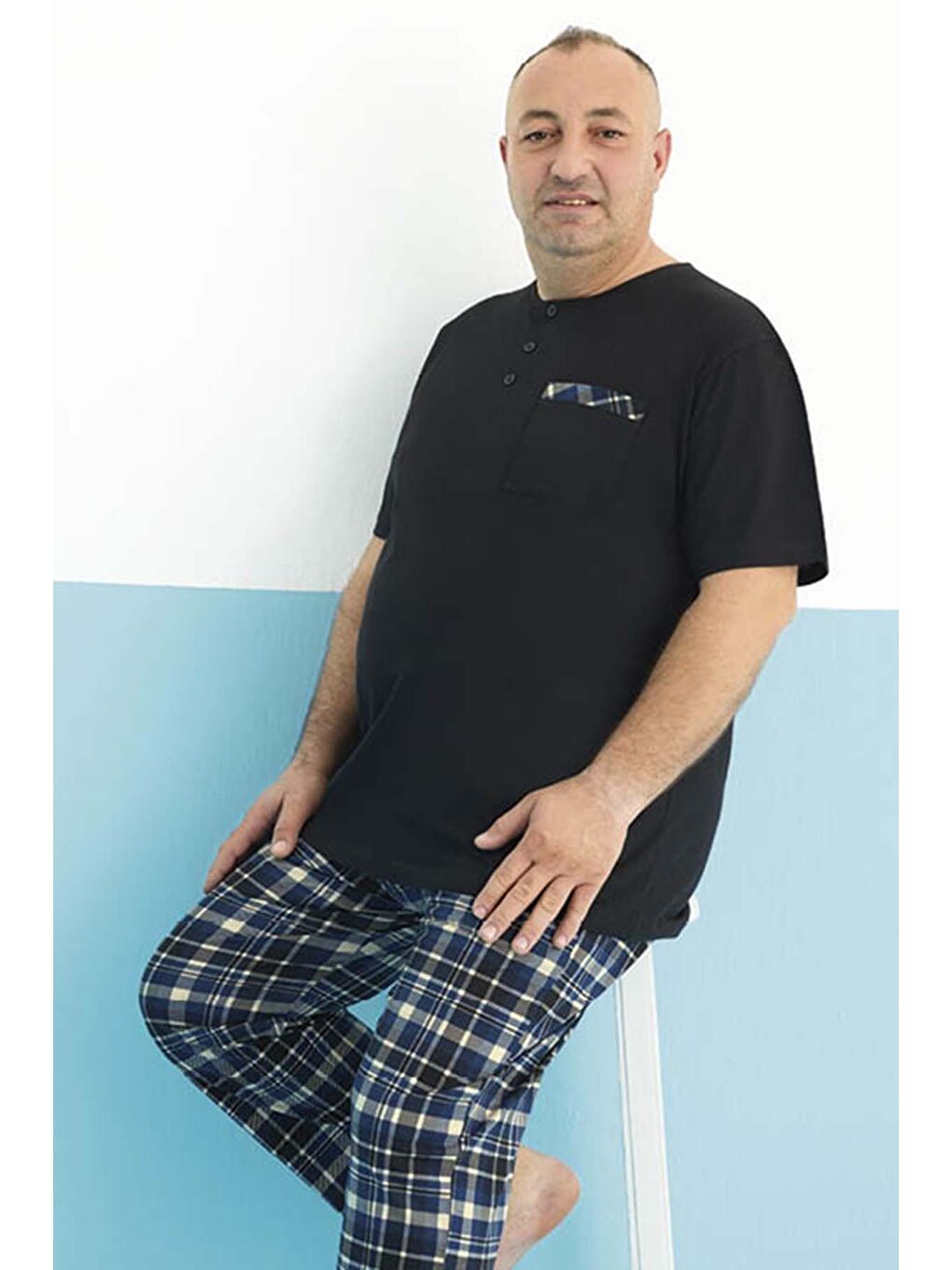 Büyük Beden Erkek Kısa Kol Süprem Pamuklu Pijama Takımı 250003 Siyah-3