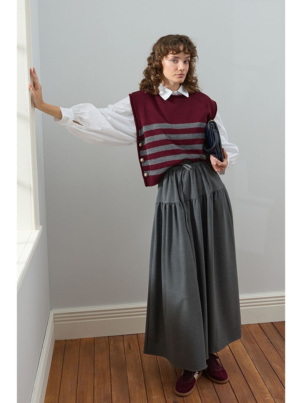 Bordo Çizgi Detaylı Süveter-2