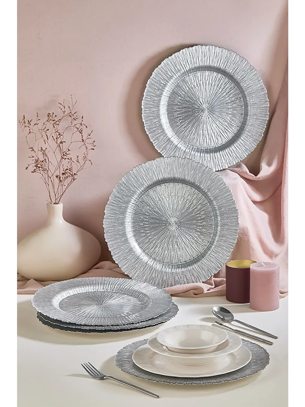 Gri Royal 6'Lı Gümüş Cam Supla Tabak Seti 32 CM