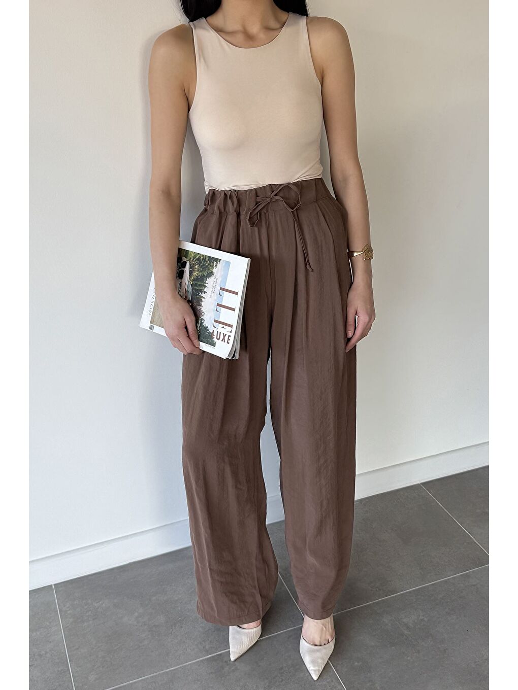 Kahverengi Perry Kadın Bel Lastikli Bol Kesim Pantolon-1