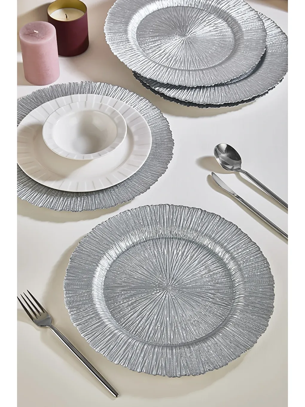 Gri Royal 6'Lı Gümüş Cam Supla Tabak Seti 32 CM-1