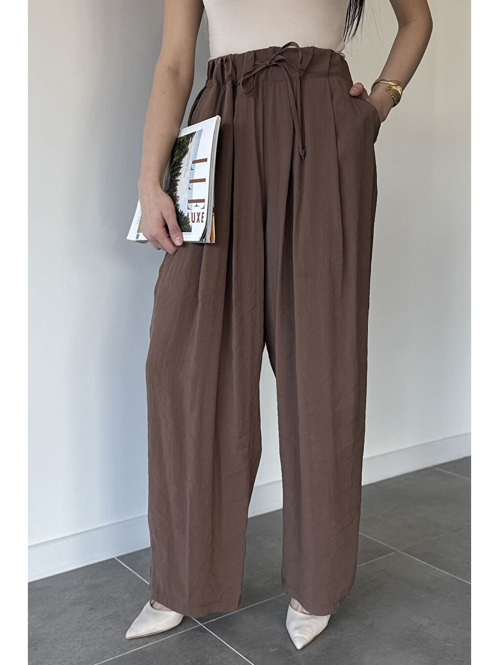 Kahverengi Perry Kadın Bel Lastikli Bol Kesim Pantolon-2