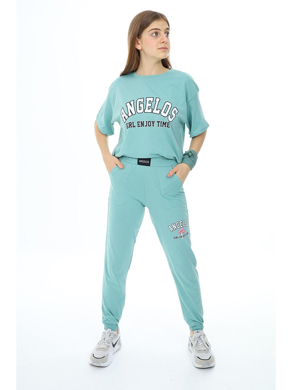 Turkuaz Yazı Baskılı Kız Çocuk Takım
