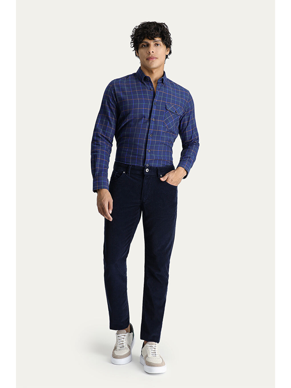 Lacivert Slim Fit Dar Kesim Elastanlı Kadife Pantolon
