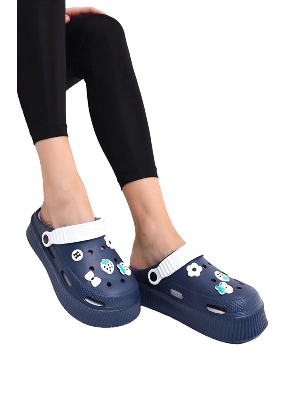 Lacivert Yüksek Comfort Taban Kadın Sandalet Lacİvert - Beyaz-3