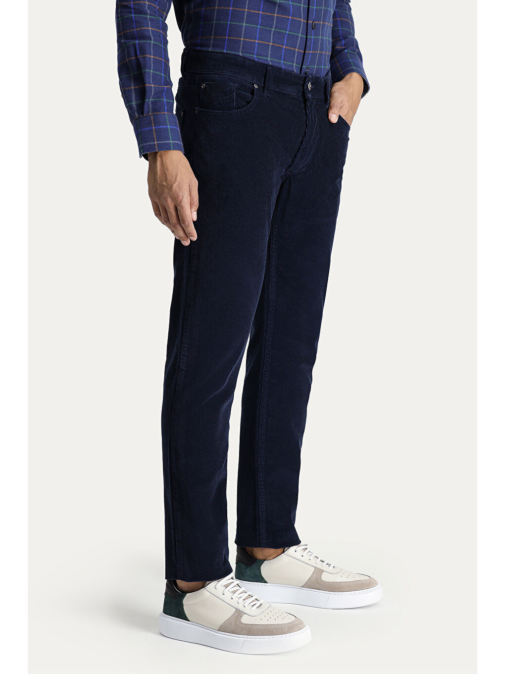 Lacivert Slim Fit Dar Kesim Elastanlı Kadife Pantolon-1