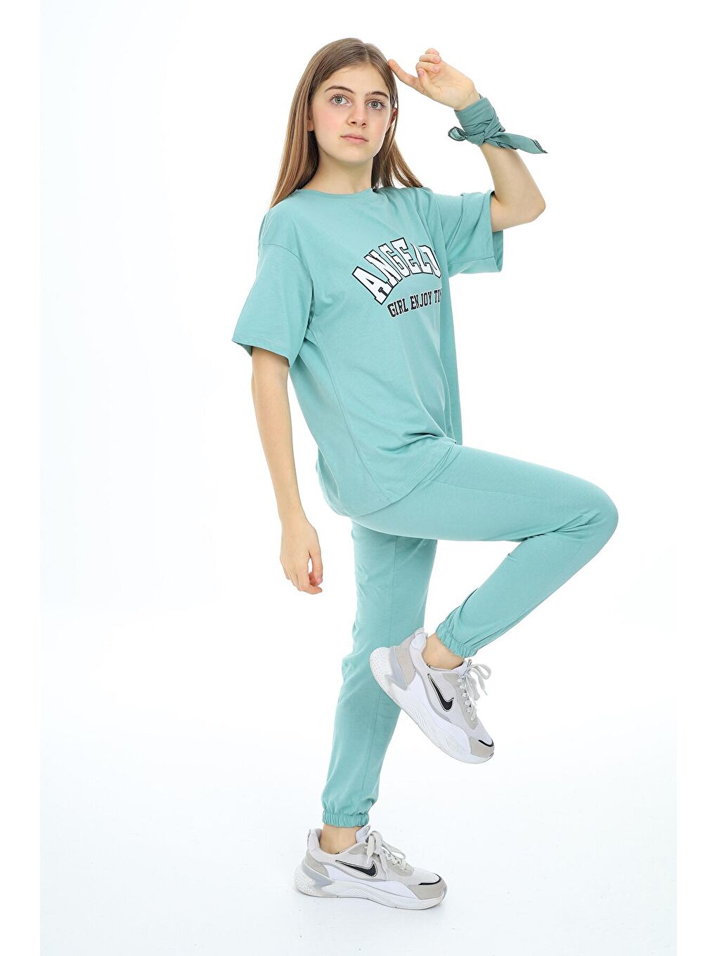 Turkuaz Yazı Baskılı Kız Çocuk Takım-2