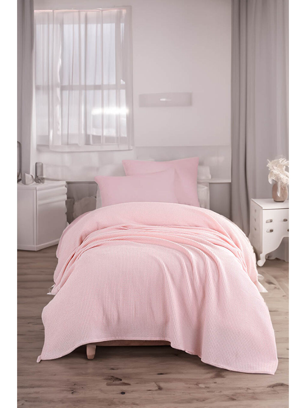 Junior Pike Örtüsü 140x230 cm %100 Pamuklu Petek Dokuma Kumaş Pembe