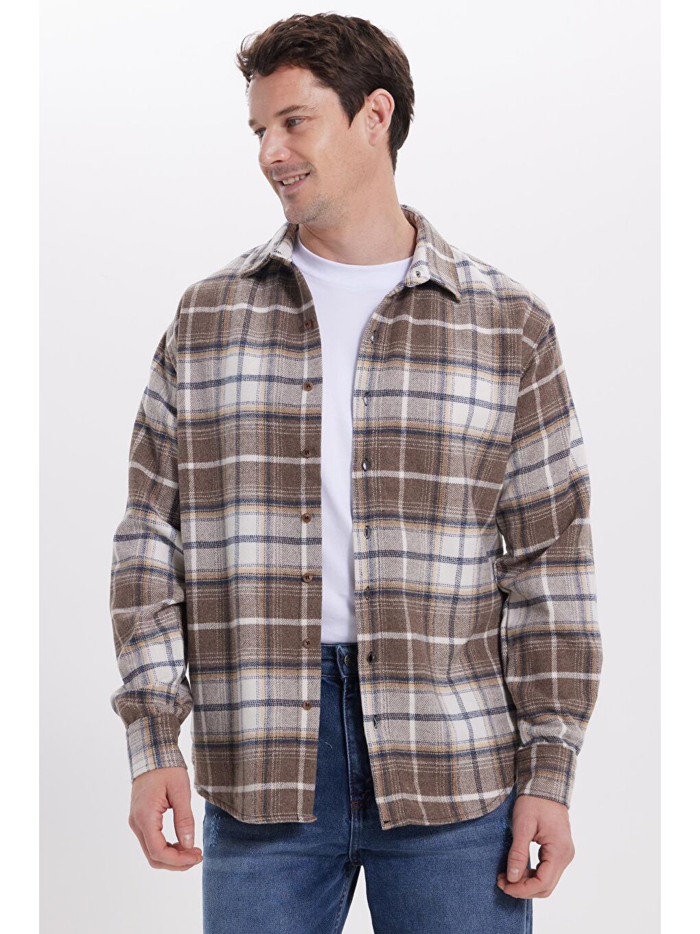 Kahverengi Erkek Relax Fit Rahat Kesim Kışlık Kareli Oduncu Gömlek