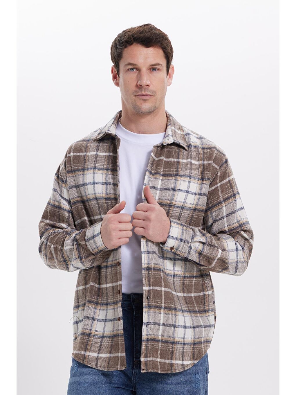 Kahverengi Erkek Relax Fit Rahat Kesim Kışlık Kareli Oduncu Gömlek-1