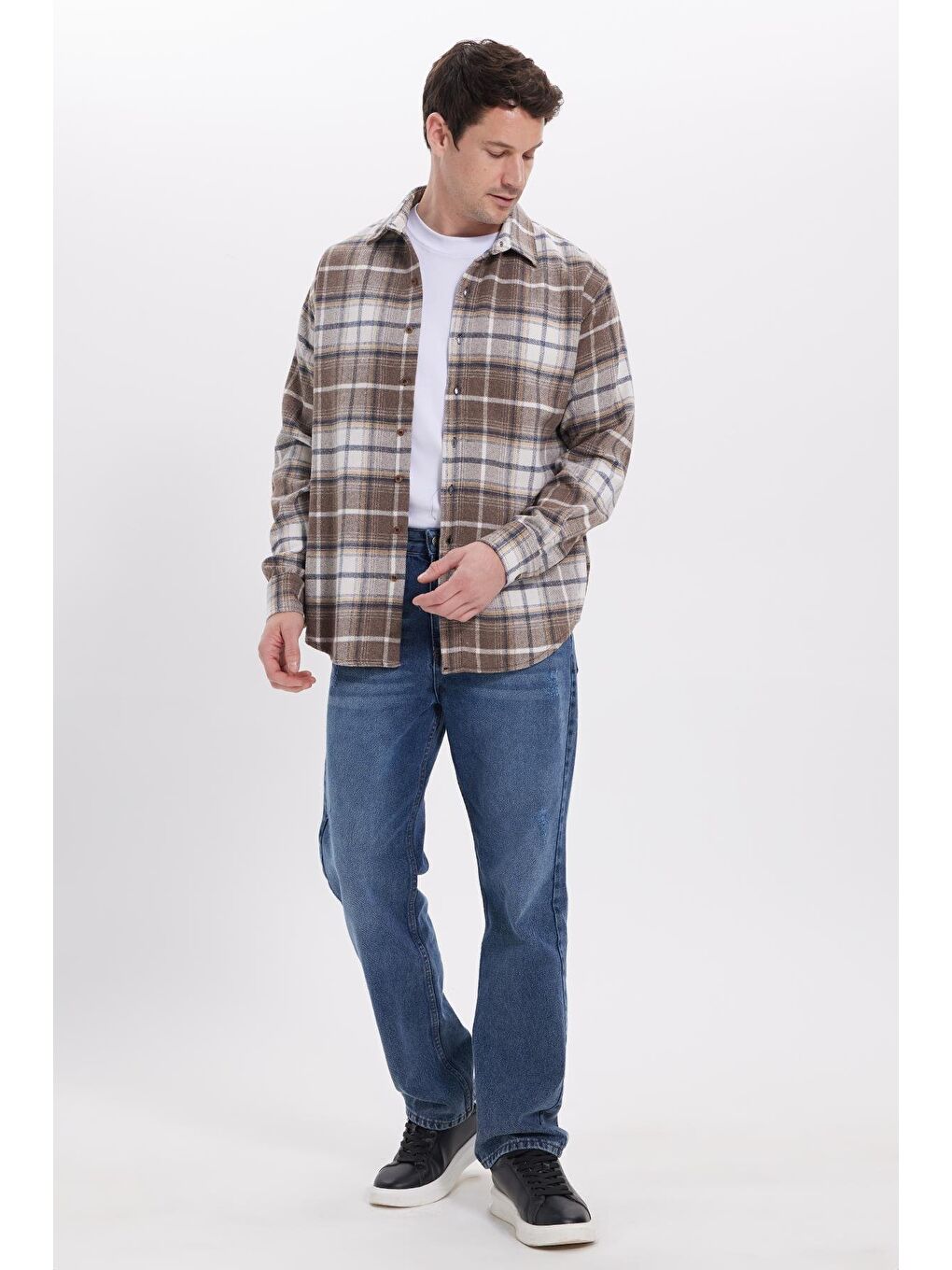 Kahverengi Erkek Relax Fit Rahat Kesim Kışlık Kareli Oduncu Gömlek-2