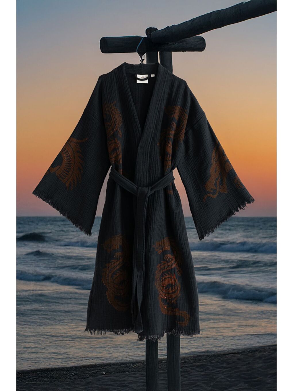 Siyah Organik %100 Pamuk Kimono Yaka Sabalık Bornoz Plaj Elbisesi - Viserion KIRMIZI/S/M