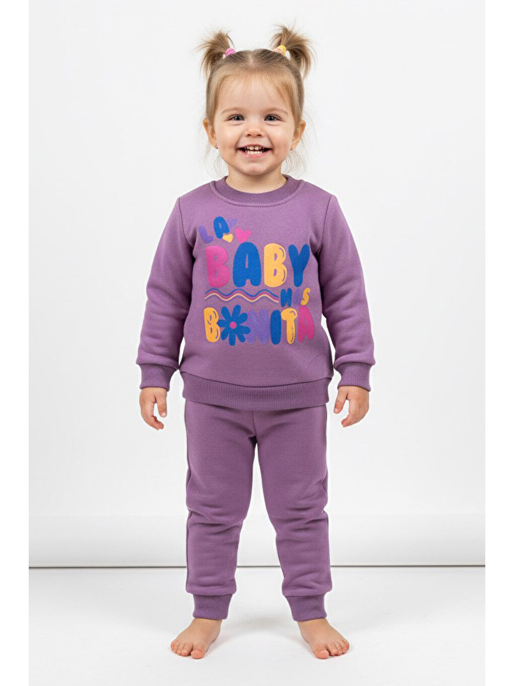 Kız Çocuk Mürdüm Baskılı Üç İplik Şardonlu Takım - 27964-MURDUM