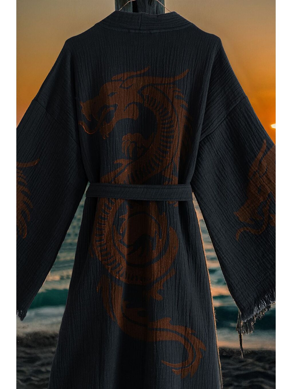 Siyah Organik %100 Pamuk Kimono Yaka Sabalık Bornoz Plaj Elbisesi - Viserion KIRMIZI/S/M-1