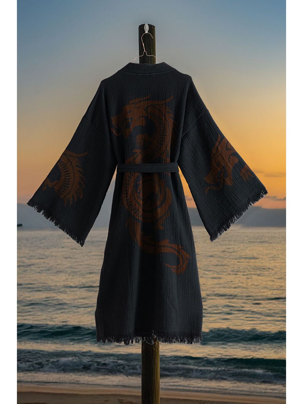 Siyah Organik %100 Pamuk Kimono Yaka Sabalık Bornoz Plaj Elbisesi - Viserion KIRMIZI/S/M-2