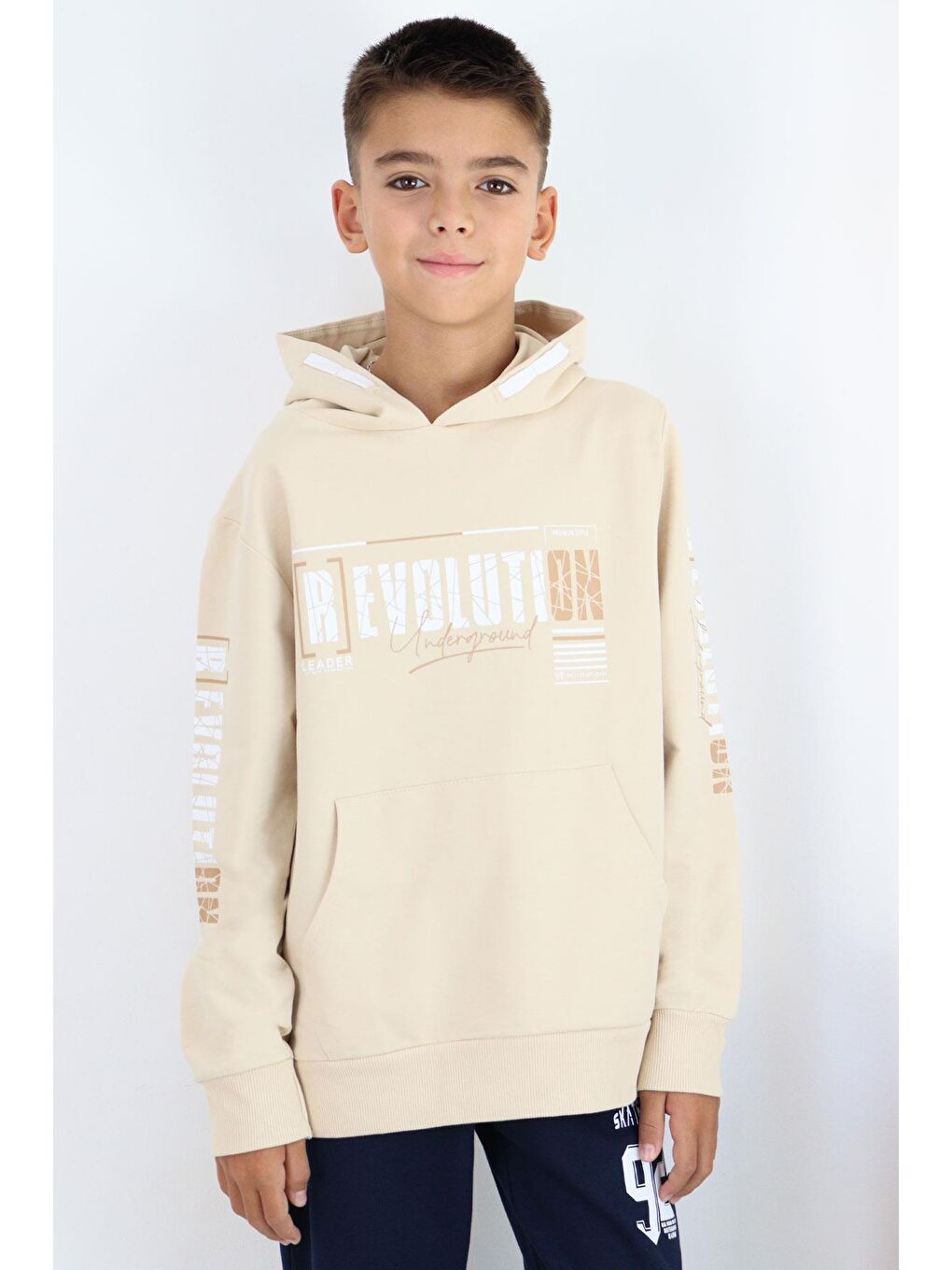 Ekru Erkek Çocuk Sweatshirt Kapüşonlu Kanguru Cepli Krem (9-16 Yaş)