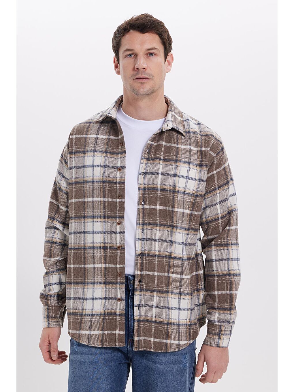 Kahverengi Erkek Relax Fit Rahat Kesim Kışlık Kareli Oduncu Gömlek-6