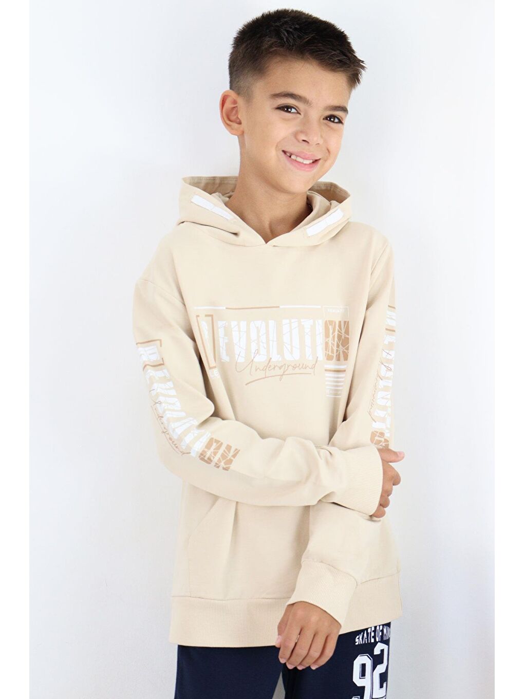 Ekru Erkek Çocuk Sweatshirt Kapüşonlu Kanguru Cepli Krem (9-16 Yaş)-1