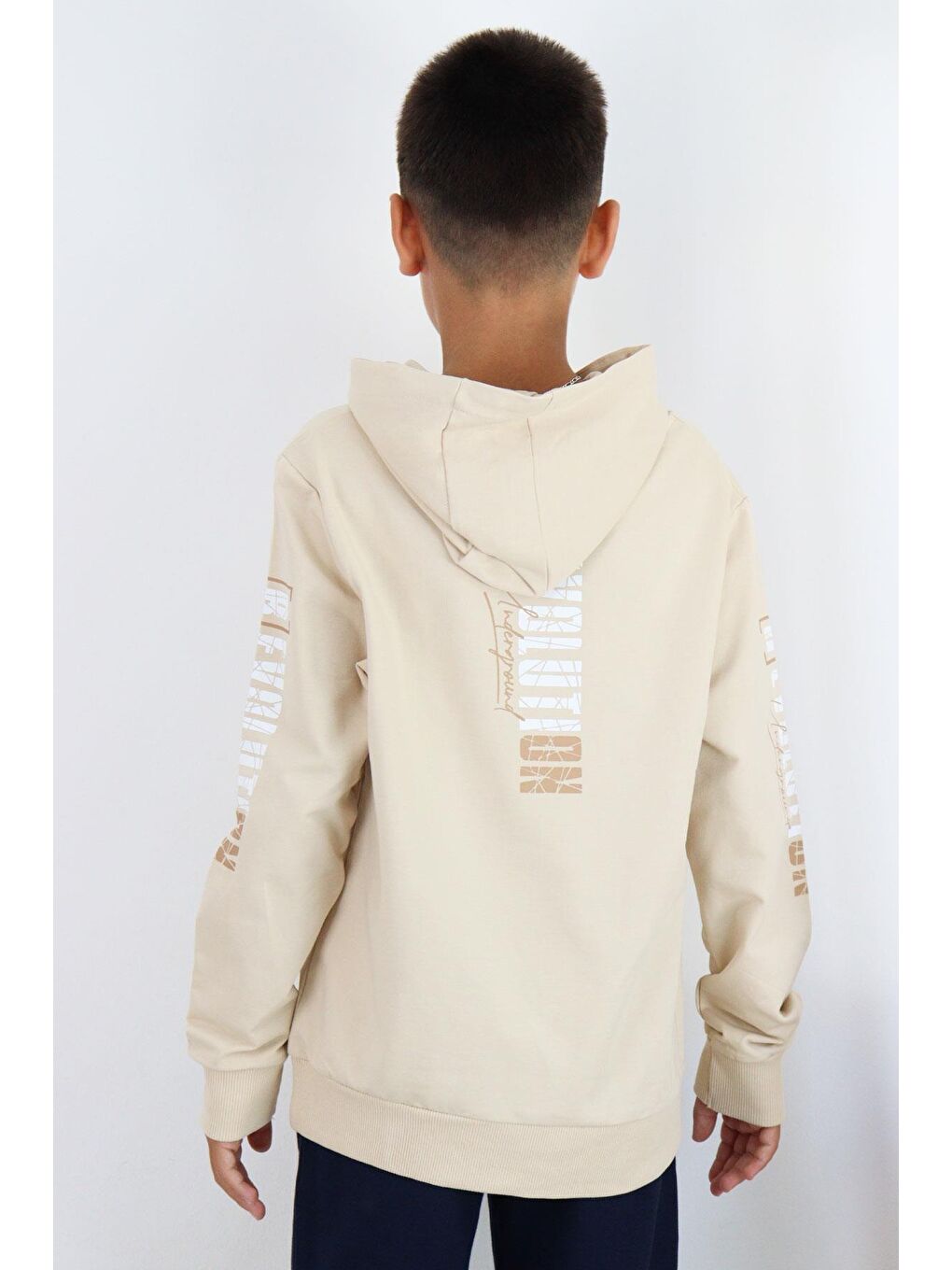 Ekru Erkek Çocuk Sweatshirt Kapüşonlu Kanguru Cepli Krem (9-16 Yaş)-2
