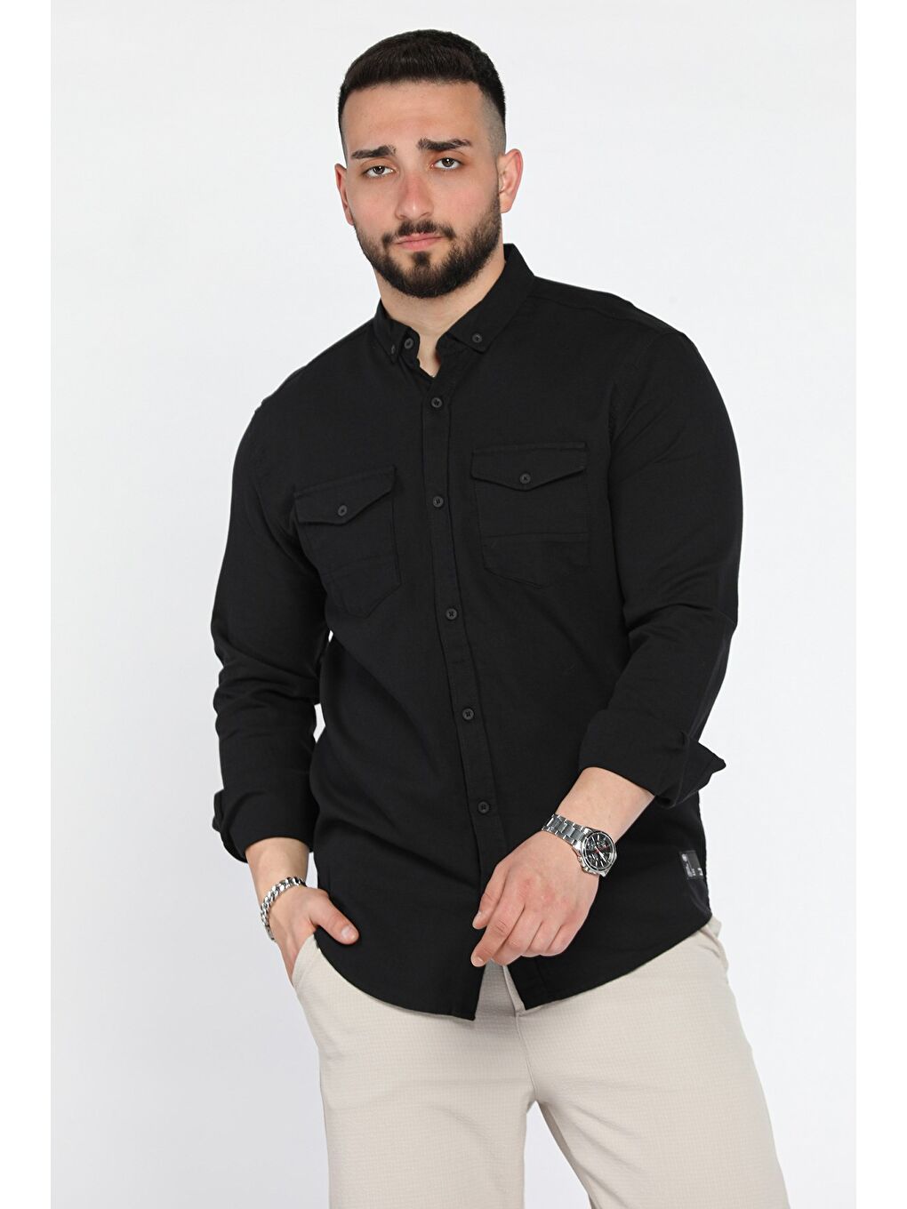 Siyah Erkek Çift Cepli Amblem Detaylı Uzun Kol Gömlek